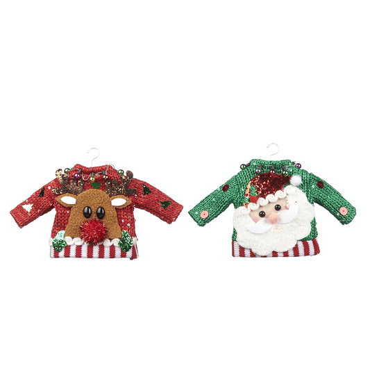 Viv! Home Luxuries Christmas ornament - Knitted Christmas sweaters - Santa and reindeer - set of 2 - red green - large - 21cm