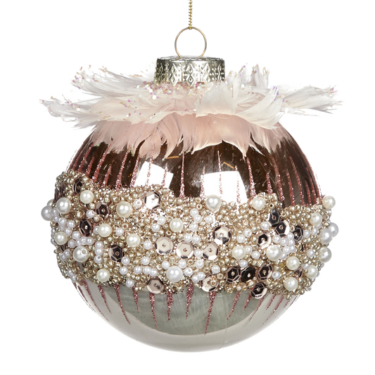Viv! Home Luxuries Christmas ball - Pearls and feathers - glass - pink - 10cm