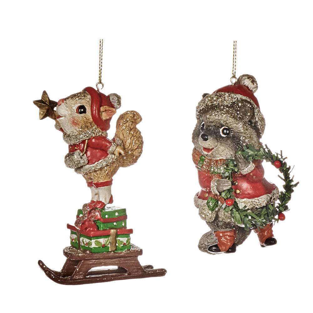 Viv! Christmas Kerstornament - eekhoorn en wasbeer - set van 2 - bruin - 9cm