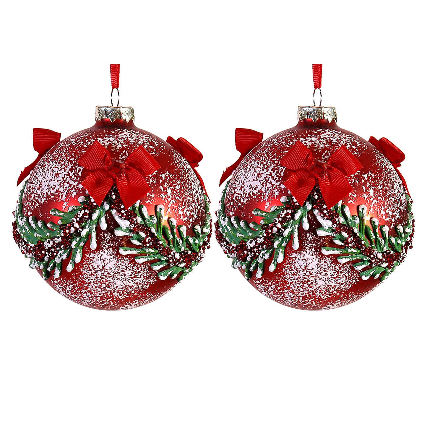 Viv! Christmas Kerstbal - Besneeuwde Guirlande met Strikken - set van 2 - glas - rood groen - Ø10cm