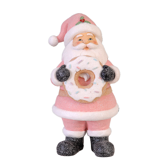 Viv! Christmas Kerstbeeld - Roze Kerstman met Donut - pastel - roze wit - 21cm