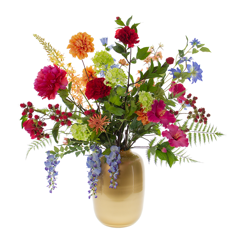 Viv! Home Luxuries Kunstbloem Boeket Nora - Zijden Bloemen - roze rood blauw zalm - Inclusief Gouden Vaas