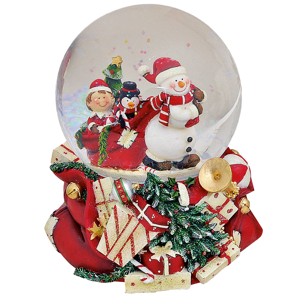 Viv! Christmas Kerst Sneeuwbol incl. muziekdoos - Sneeuwpop zak vol poppen - rood wit groen - 15 cm