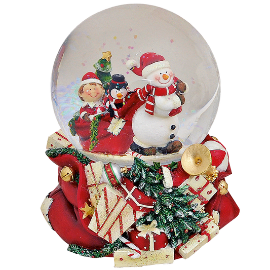 Viv! Christmas Kerst Sneeuwbol incl. Muziekdoos - Sneeuwpop Zak vol Poppen - rood wit groen - 15 cm