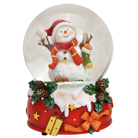 Viv! Christmas Kerst Sneeuwbol incl. Muziekdoos - Sneeuwpop met Kerstsok - rood wit groen - 14 cm
