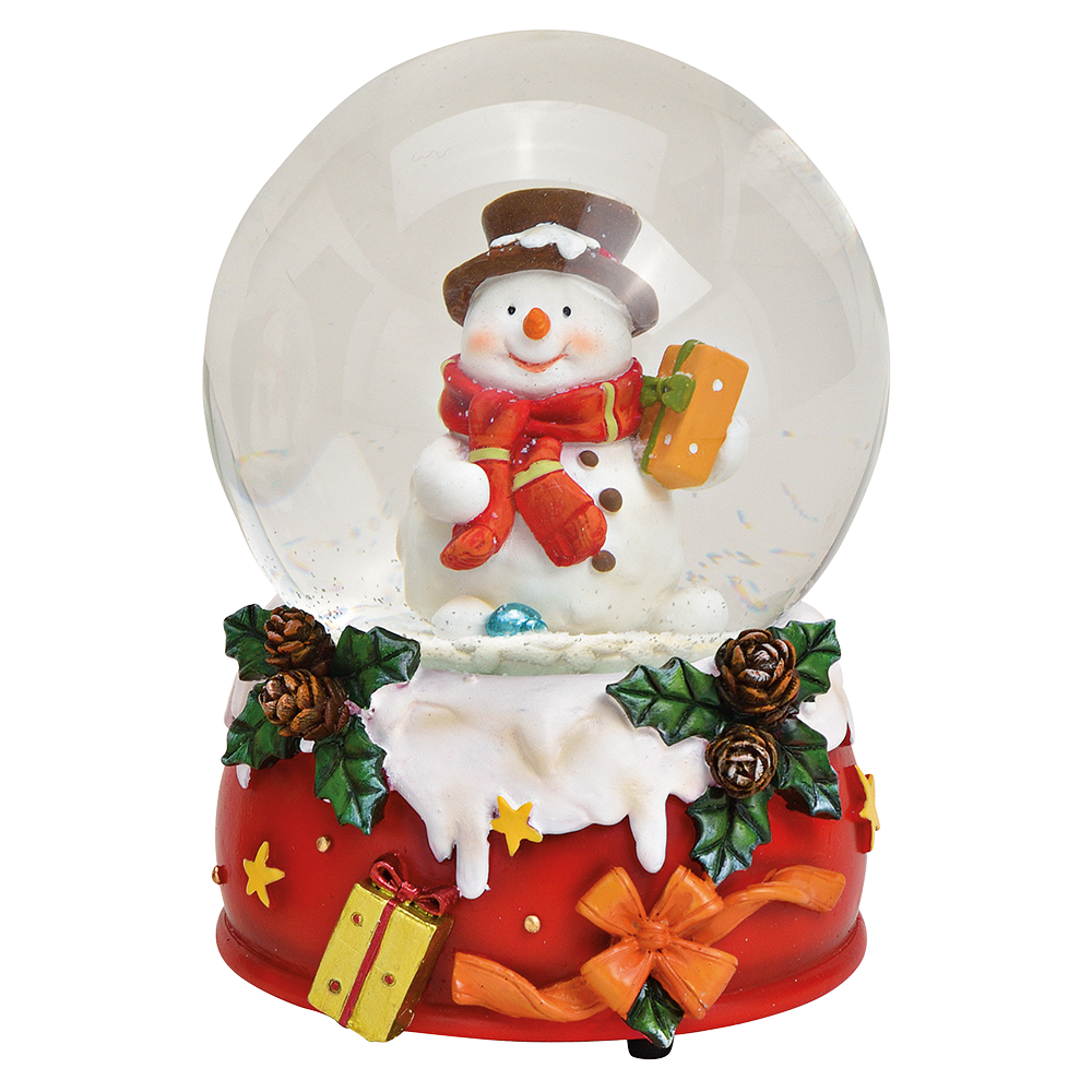 Viv! Christmas Kerst Sneeuwbol incl. Muziekdoos - Sneeuwpop met Cadeautjes - rood wit groen - 14 cm
