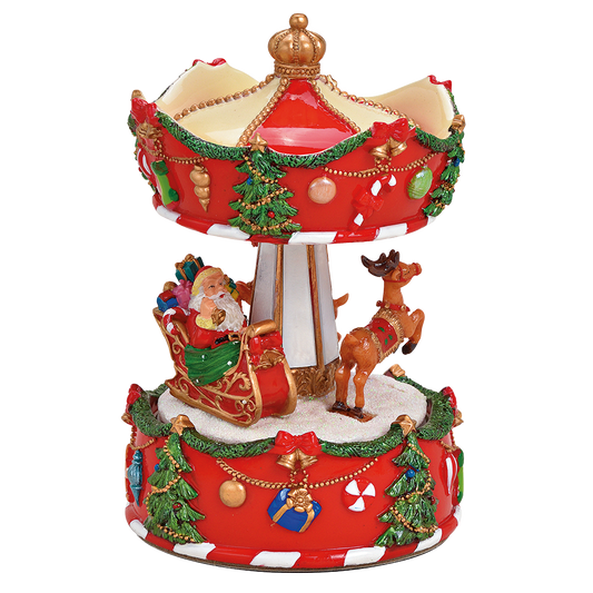 Viv! Christmas Kerst Muziekdoos - Draaimolen met Kerstman in Slee en Rendieren - rood wit groen - 17 cm