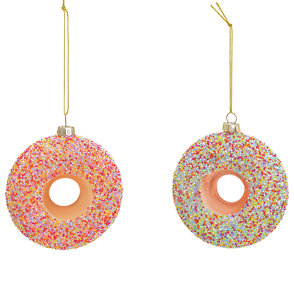 Viv! Christmas Kerstornament - Donuts met Spikkels - set van 2 - glas - multi - 9cm