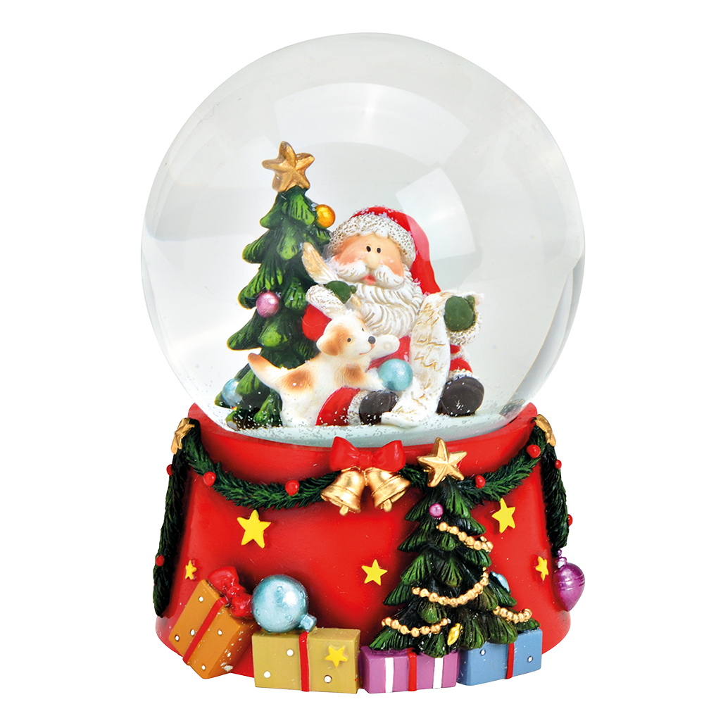 Viv! Christmas Kerst Sneeuwbol incl. muziekdoos - Kerstman met zijn spelende hond - rood wit groen - 14 cm
