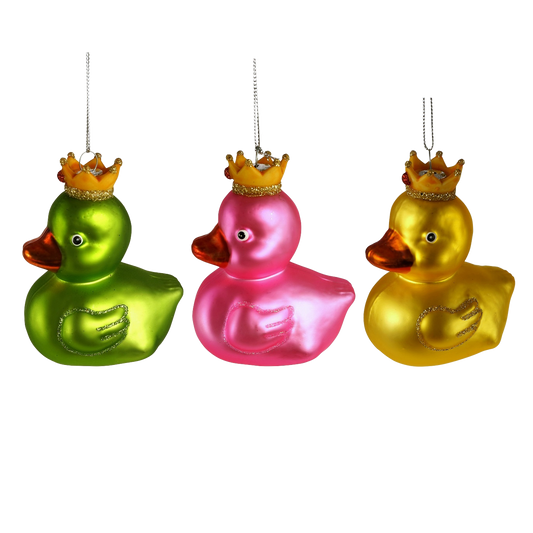 Viv! Christmas Kerstornament - Badeend met Kroon - set van 3 - glas - felle kleuren - 9cm