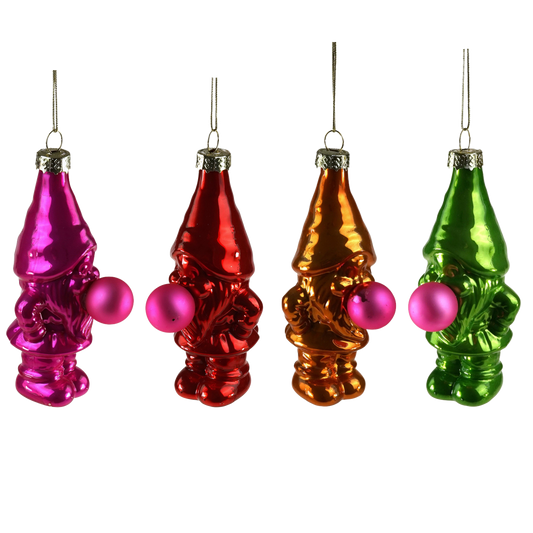 Viv! Christmas Kerstornament - Bellenblazende Gnoom - set van 4 - glas - felle kleuren - 10cm