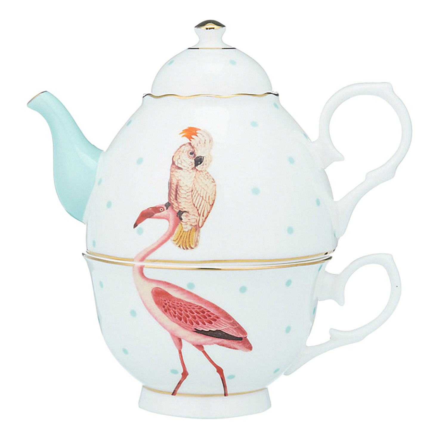 Yvonne Ellen Tea for one - Theepot met kopje - Flamingo en Papegaai - Porselein - topkwaliteit