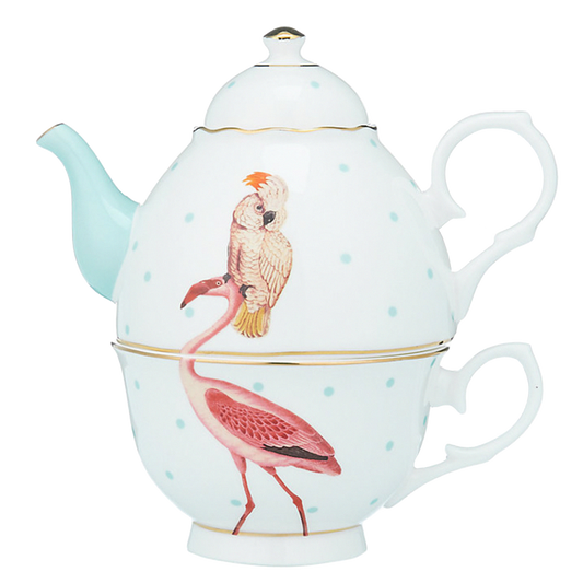 Yvonne Ellen Tea for One - Teapot with cup - Flamingo and Parrot - Porcelain - Top quality