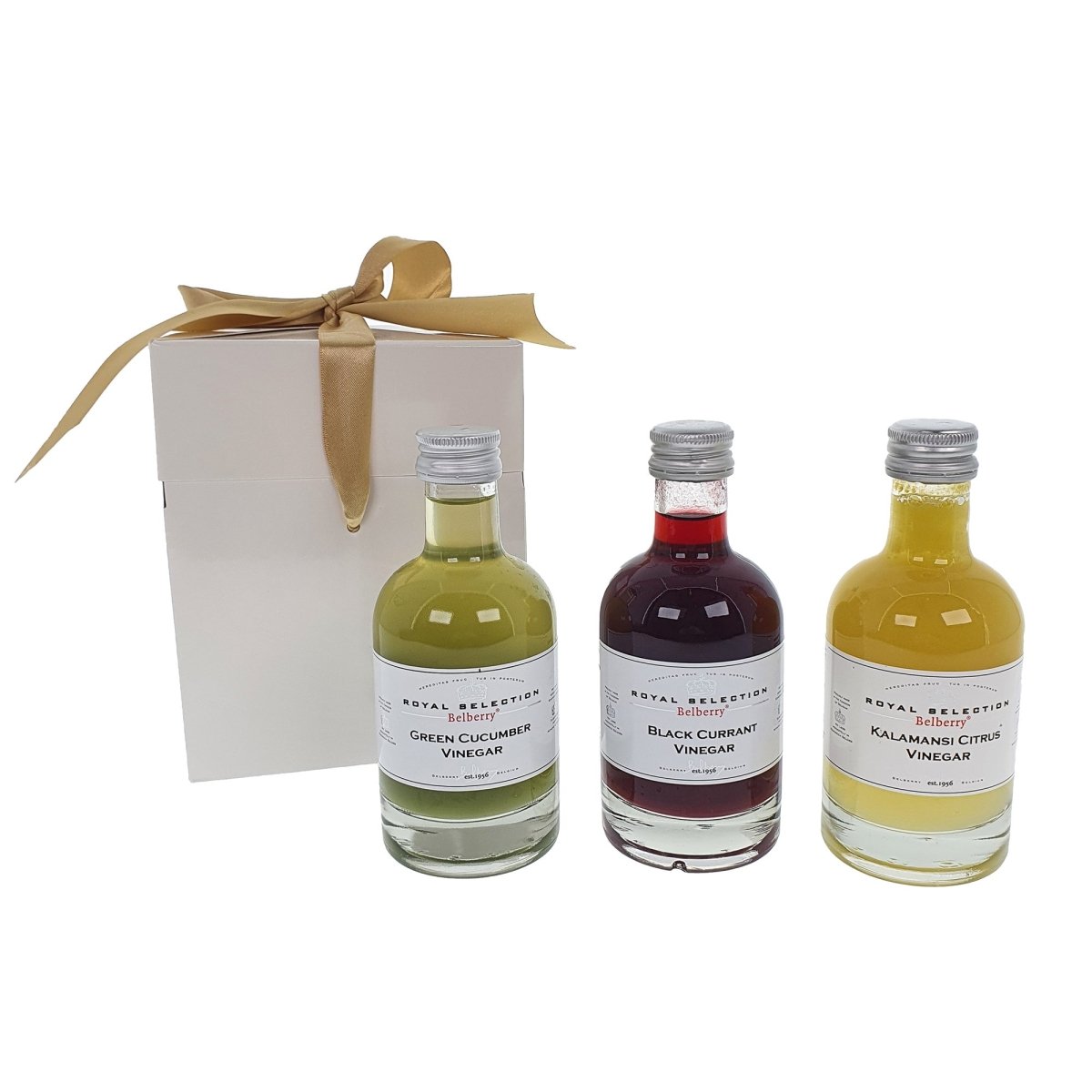 Belberry Royal Selection Vinegar - 3 flessen a 200ml - Kalamansi Citrus, Black Currant en Green Cucumber - kadoverpakking - topkwaliteit - Viv! Home Luxuries