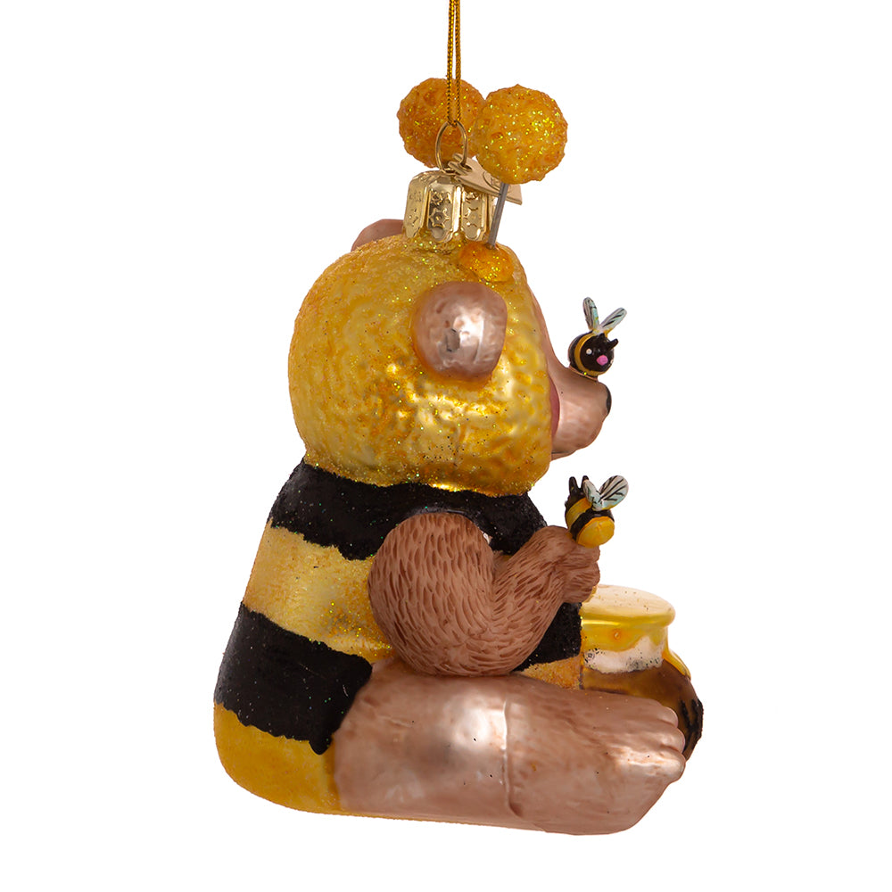Kurt S. Adler Kerstornament - Honingbeer met bij - glas - bruin geel - 11cm