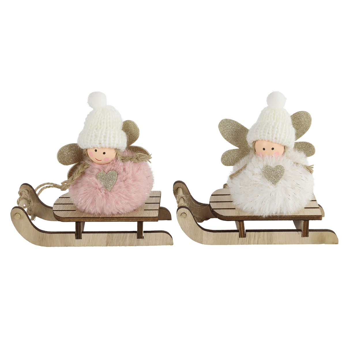 Viv! Home Luxuries Kerstornament - Engel op slee - set van 2 - hout - roze wit - 13cm - Viv! Home Luxuries