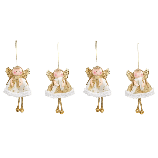 Viv! Home Luxuries Kerstornament - Engeltjes van stof met jurk - set van 4 - wit goud - 13cm - Viv! Home Luxuries