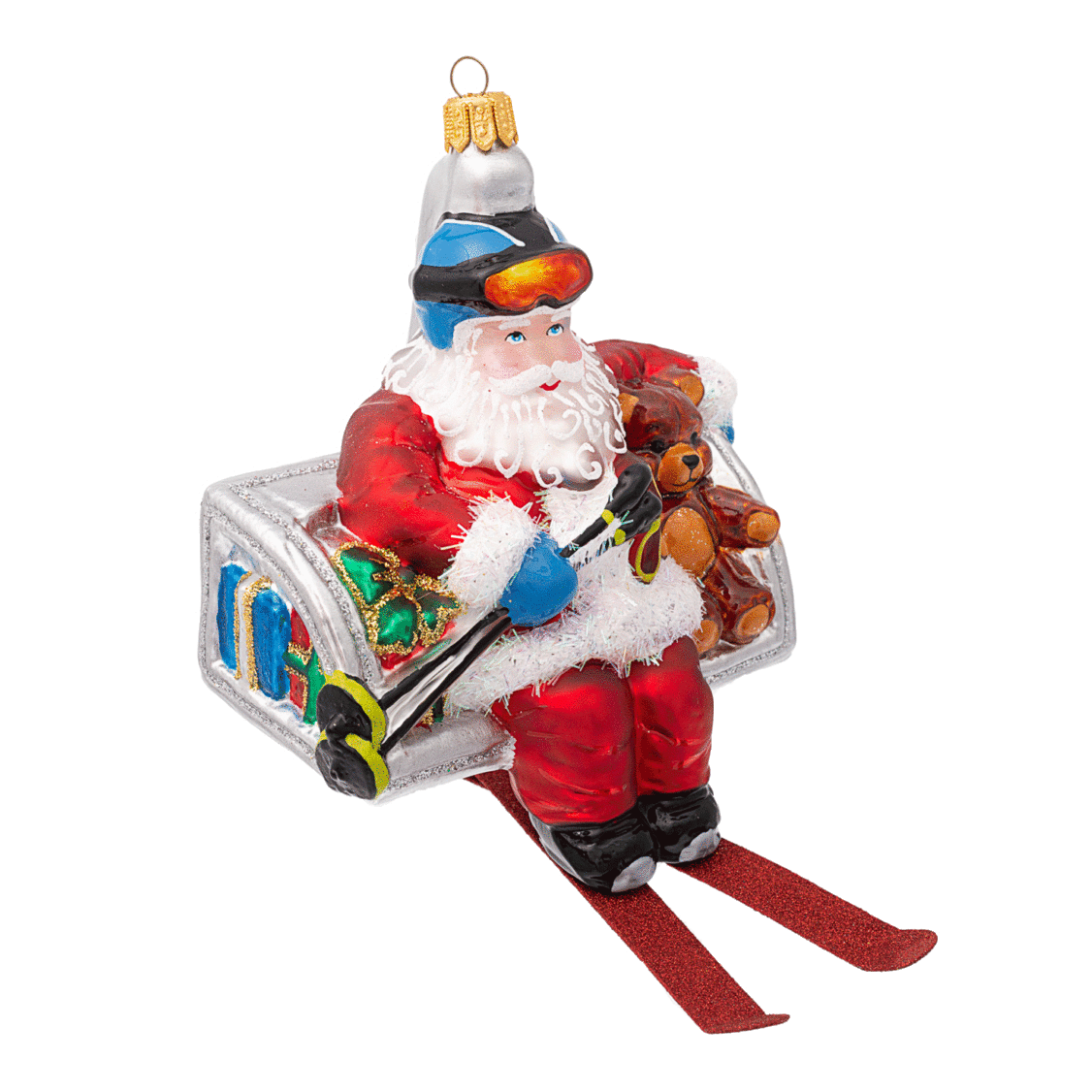 Viv! Home Luxuries Kerstornament - Kerstman skilift - mond geblazen glas - rood blauw - 10cm - Viv! Home Luxuries