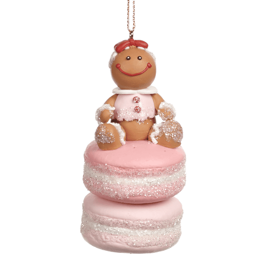 Viv! Home Luxuries Kerstornament - macaron met gingerbread mannetje - roze bruin - 9cm - Viv! Home Luxuries