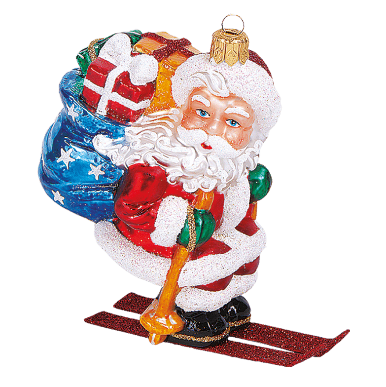 Viv! Home Luxuries Kerstornament - Skiënde Kerstman - mond geblazen glas - rood blauw wit - 10cm - Viv! Home Luxuries